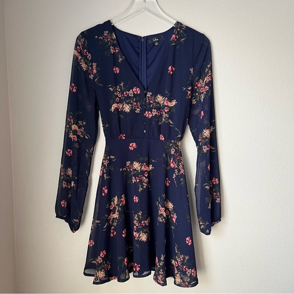 Lulu's Navy V-Neck Floral Long Sleeve Dress Size Small - Picture 1 of 5